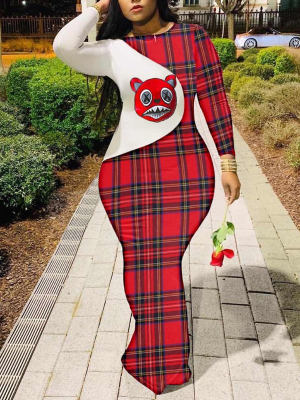 

lovely Trendy O Neck Print Patchwork Red Maxi Plus Size Dress