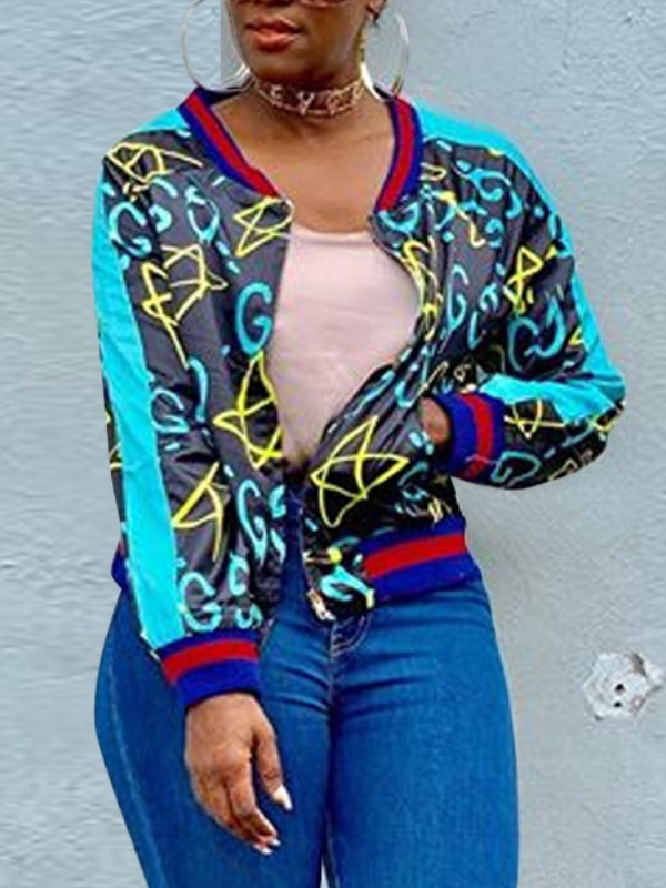 

lovely Casual Print Zipper Design Blue Coat