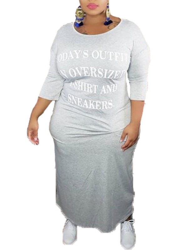 

lovely Casual O Neck Letter Print Grey Ankle Length Plus Size Dress
