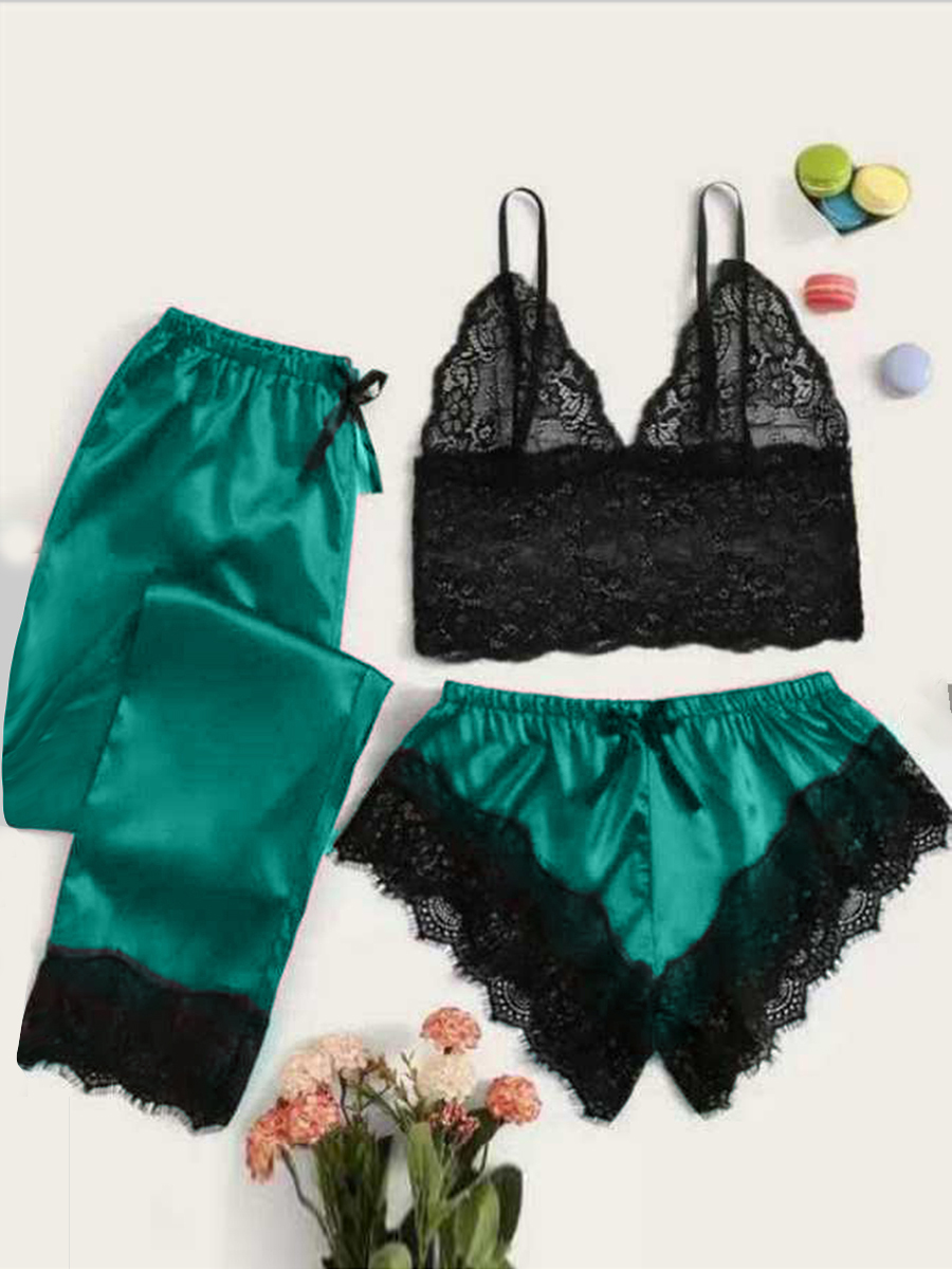 

Lovely Sexy Lace Patchwork Green Sleepwear