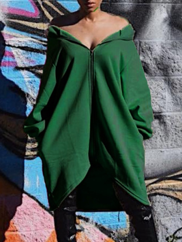 

lovely Casual Zipper Design Asymmetrical Green Long Coat