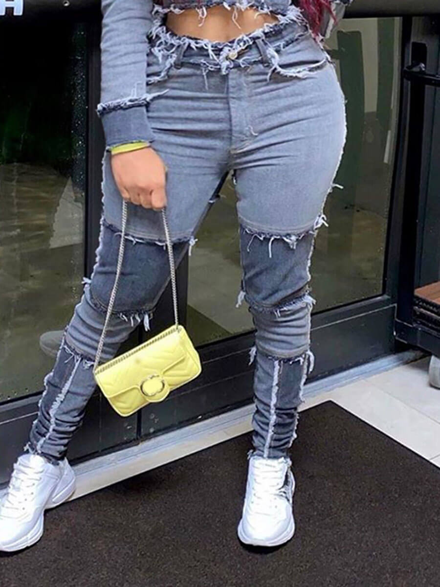 

Lovely Casual Patchwork Grey Plus Size Jeans