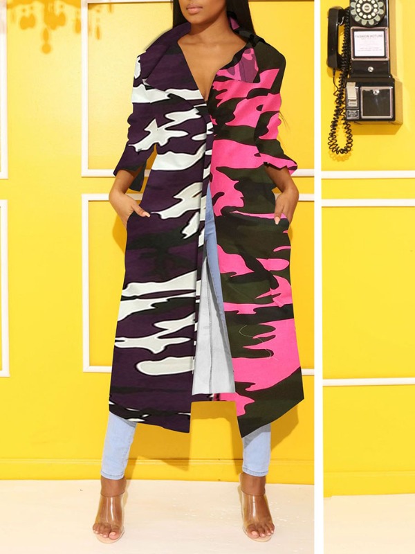 

lovely Casual Turndown Collar Print Patchwork Pink Long Trench Coat