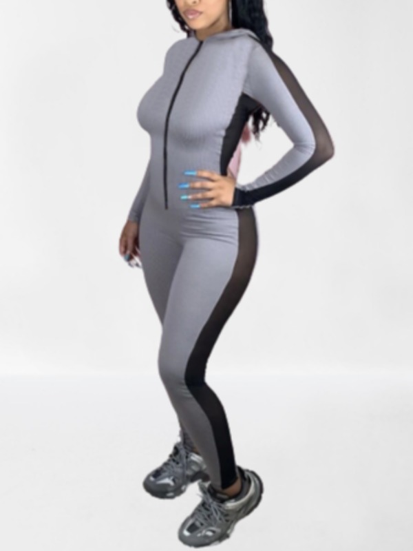 

lovely Sportswear Zipper Design Patchwork Grey One-piece Jumpsuit