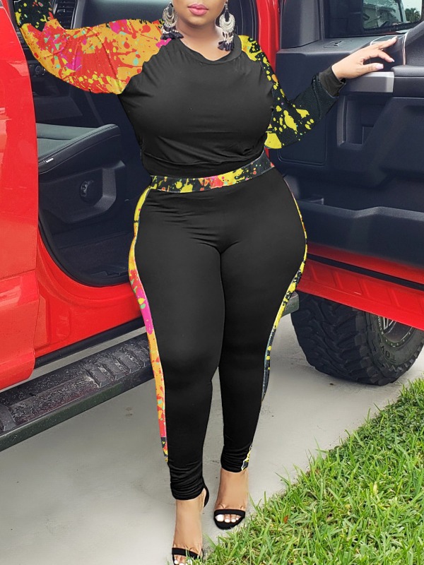 

lovely Casual Print Patchwork Yellow Plus Size Two-piece Pants Set