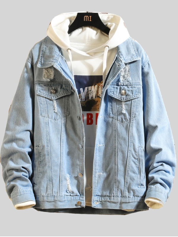 

lovely Trendy Turndown Collar Pocket Patched Baby Blue Men Denim Jacket