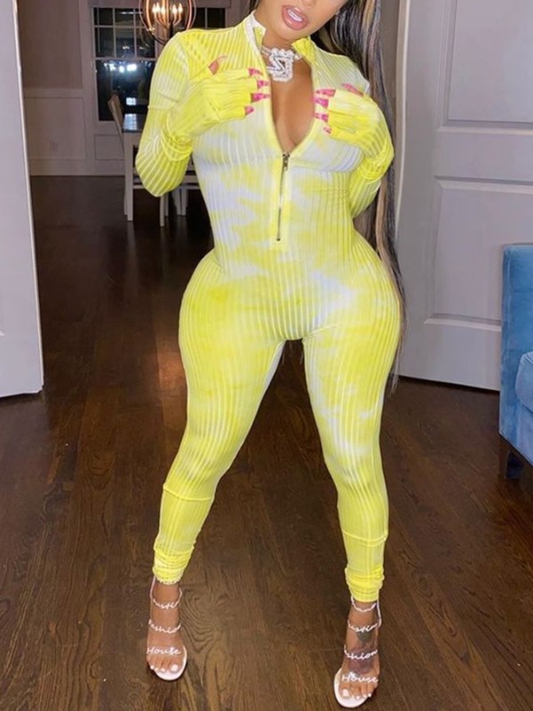 

lovely Trendy Zipper Design Tie-dye Yellow One-piece Jumpsuit