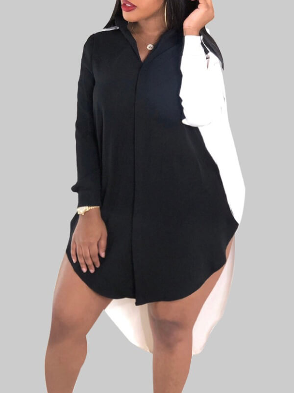 

Lovely Stylish Turndown Collar Asymmetrical Black Knee Length Plus Size Shirt Dress