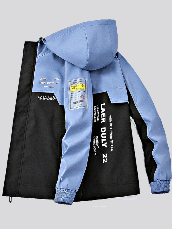 

lovely Street Hooded Collar Print Patchwork Blue Men Jacket