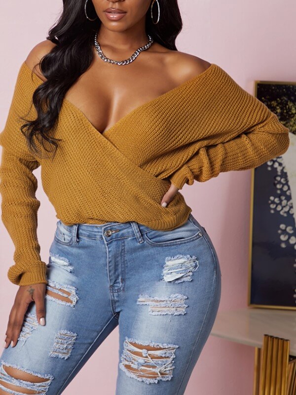 

Lovely Street V Neck Cross-over Design Yellow Sweater