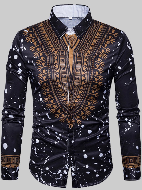 

lovely Trendy Turndown Collar Print Black Men Shirt