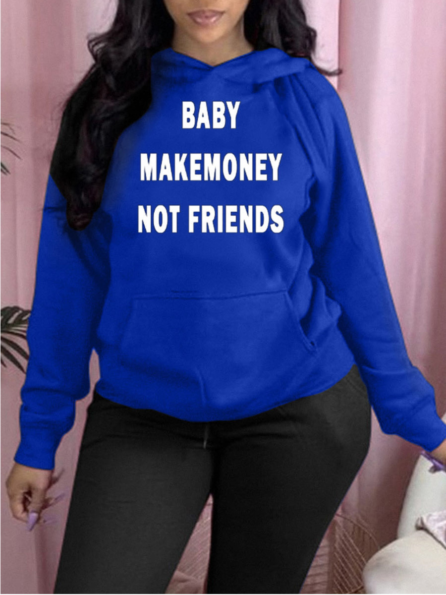 

lovely Casual Hooded Collar Letter Print Blue Hoodie