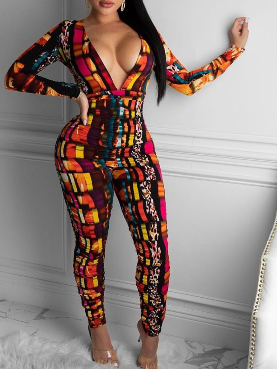 

lovely Trendy Deep V Neck Print Red One-piece Jumpsuit