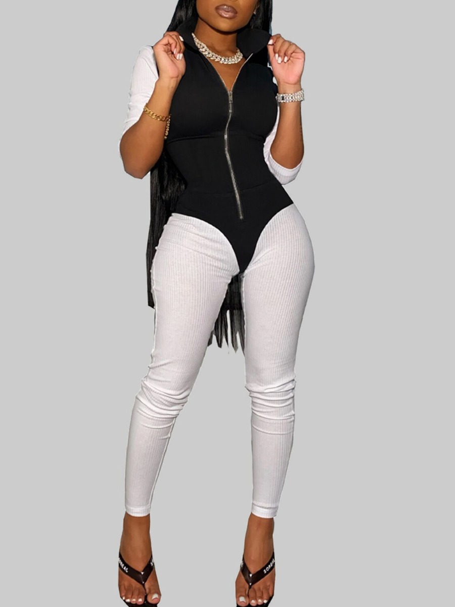 

lovely Sportswear Patchwork Zipper Design Black One-piece Jumpsuit