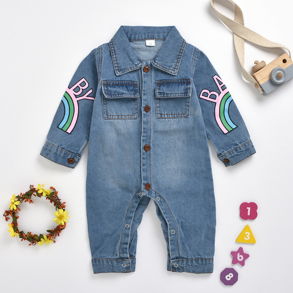 

lovely Trendy Buttons Design Print Blue Girl One-piece Jumpsuit