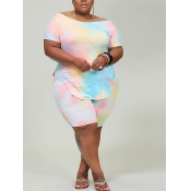 lovely Leisure O Neck Tie-dye Pink Plus Size Two-p