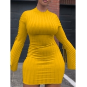 lovely Trendy O Neck Striped Yellow Mini Dress