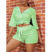 lovely Trendy Floral Print Green Two Piece Shorts 