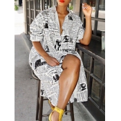 lovely Street Turndown Collar Print White Coat