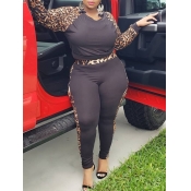 lovely Trendy O Neck Leopard Print Patchwork Plus 