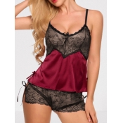 lovely Sexy Lace Patchwork Wine Red Sleepwear