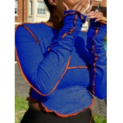 Lovely Street O Neck Patchwork Blue T-shirt