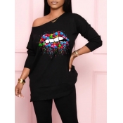 LW Leisure Lip Print Black T-shirt