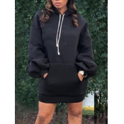 Lovely Casual Hooded Collar Pocket Patched Black M