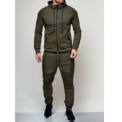 Lovely Men Sportswear Hooded Collar Patchwork Army