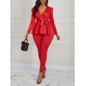 lovely Trendy V Neck Lace-up Red Two Piece Pants S