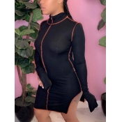 Lovely Casual Half A Turtleneck Patchwork Black Kn