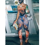 Lovely Stylish Dew Shoulder Print Blue One-piece J