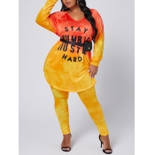 Lovely Casual V Neck Letter Print Yellow Plus Size