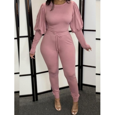

LW Leisure Puffed Sleeves Drawstring Pink Two Piece Pants Set