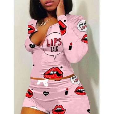 

LW Stylish Lip Print Pink Two Piece Shorts Set