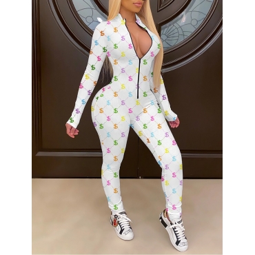 

LW Letter Print Basic Skinny Jumpsuit, White