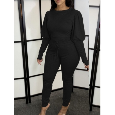 

LW Ruffle Design Drawstring Pants Set, Black