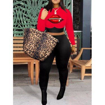 

LW Casual O Neck Lip Print Patchwork Red Two Piece Pants Set