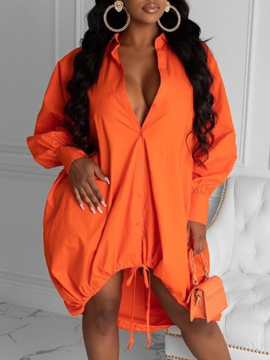 

Lovely Casual Turndown Collar Loose Drawstring Orange Knee Length Dress