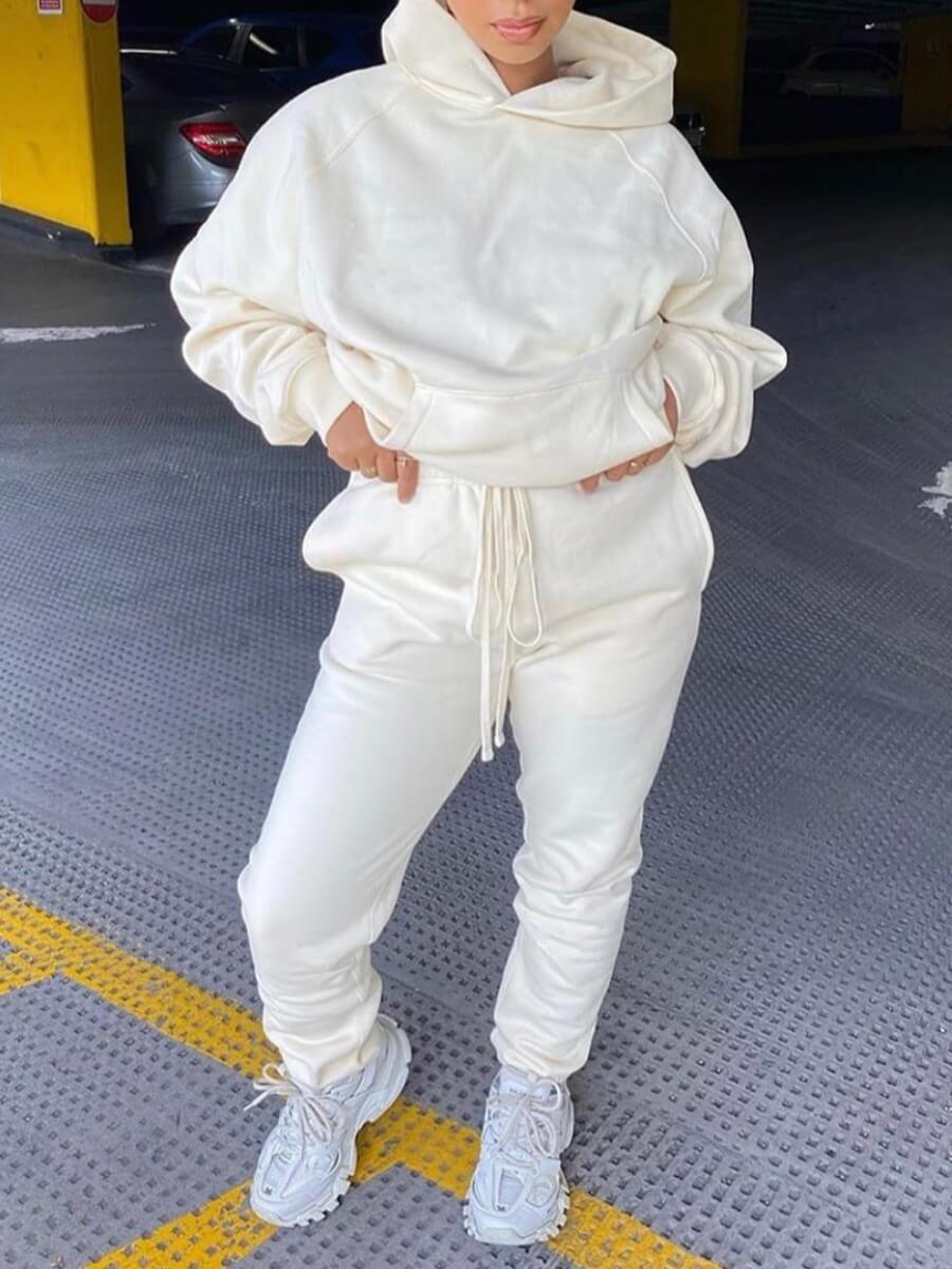 

Lovely Sportswear Hooded Collar Lace-up White Two Piece Pants Set