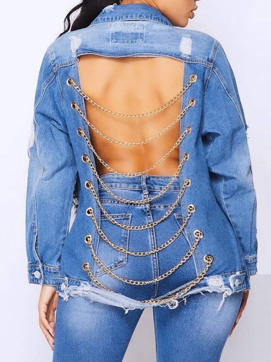 

Lovely Street Turndown Collar Backless Chain Decorative Baby Blue Denim Jacket