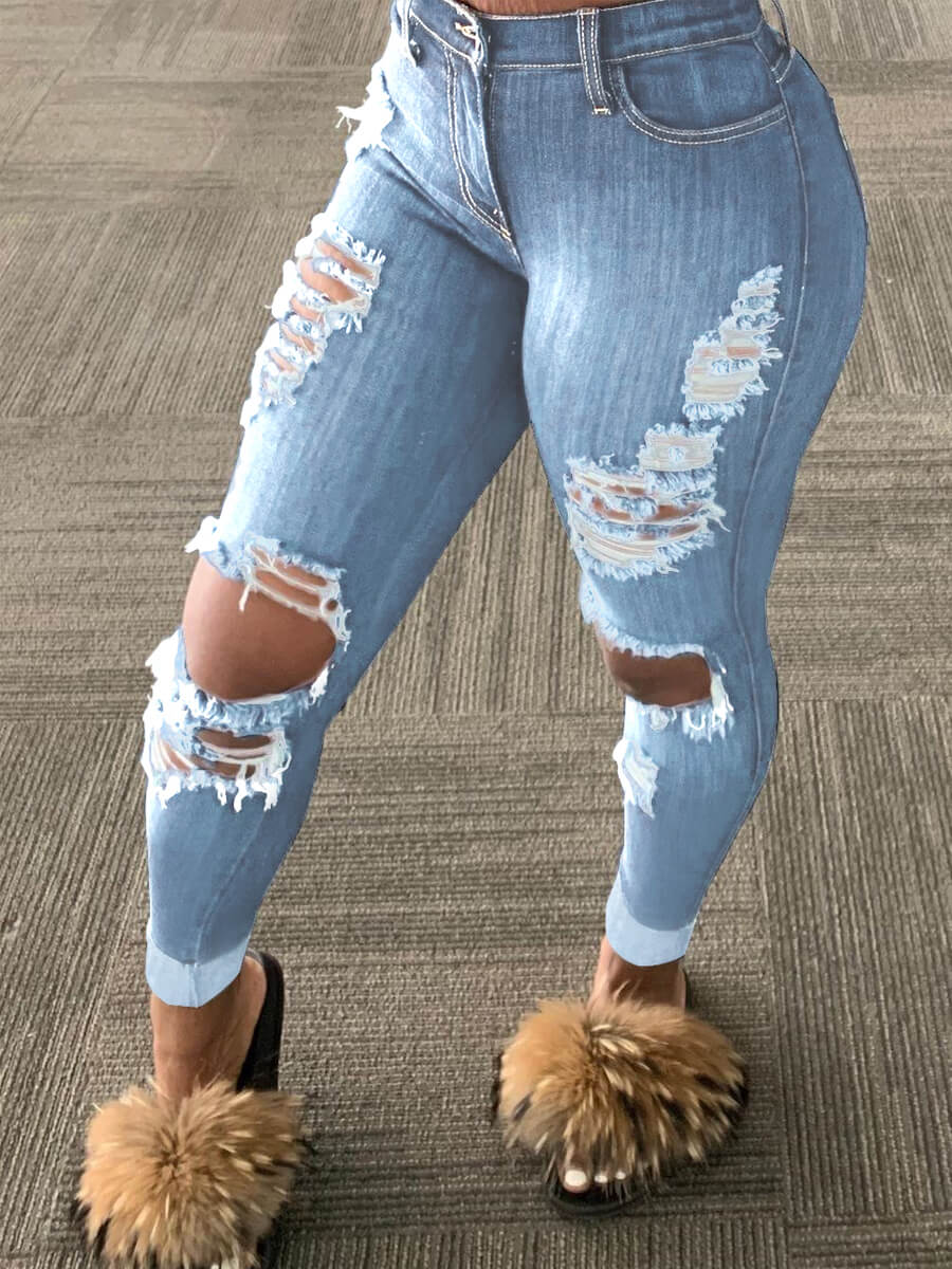 

LW High-waisted High Stretchy Ripped Jeans, Baby blue