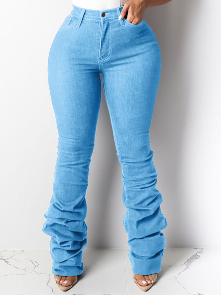 

Lovely Casual Fold Design Baby Blue Plus Size Jeans