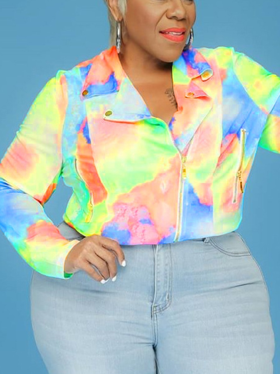 

lovely Trendy Turndown Collar Tie-dye Yellow Plus Size Jacket