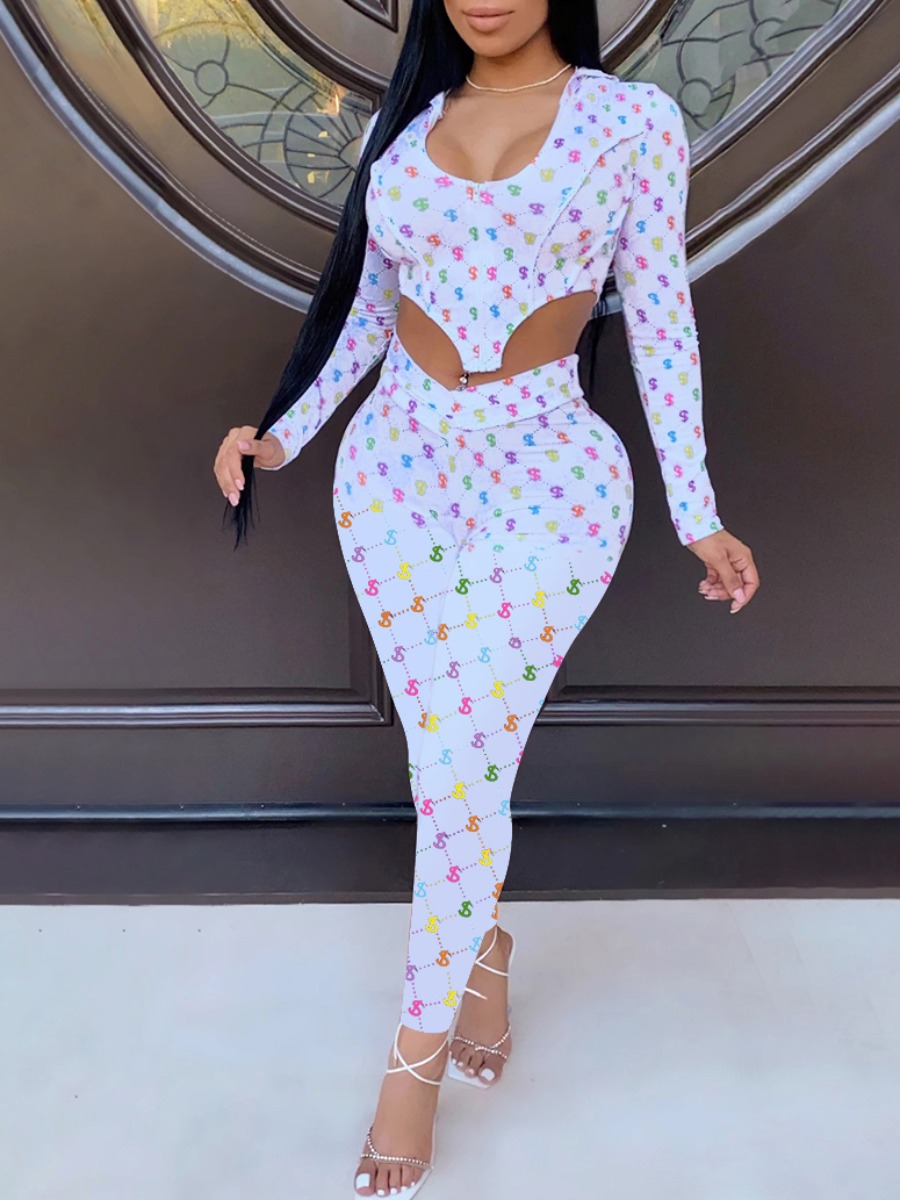 

lovely Leisure Hooded Collar Print White Two Piece Pants Set