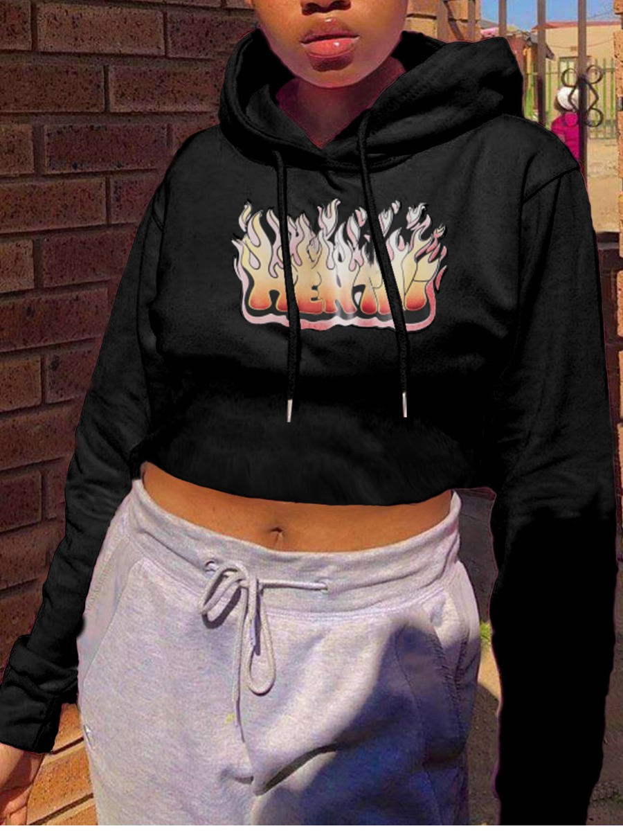 

lovely Street Hooded Collar Print Black Short Hoodie