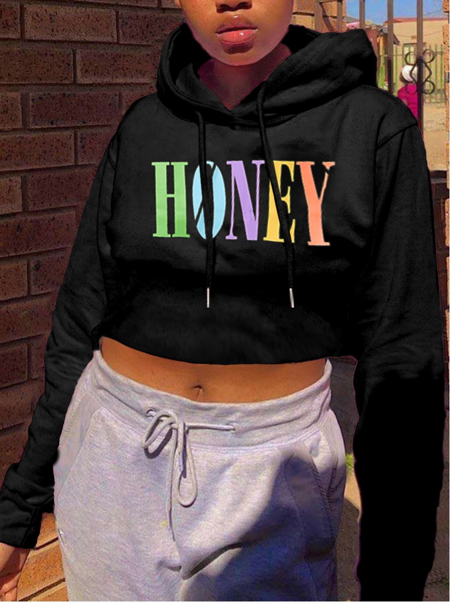 

lovely Street Hooded Collar Letter Print Black Short Hoodie