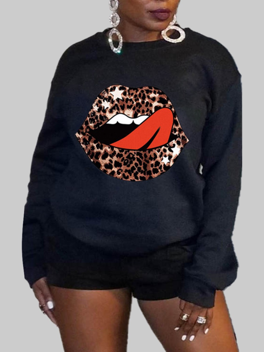

lovely Street O Neck Lip Print Black Hoodie