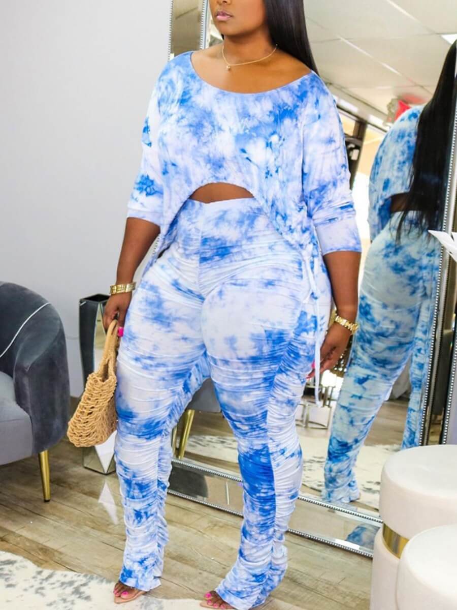 

Lovely Casual Tie-dye Fold Design Blue Plus Size Two-piece Pants Set