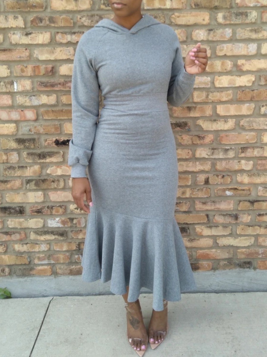 

lovely Stylish Hooded Collar Flounce Design Grey Mid Calf Dress